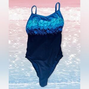 90s blue hibiscus print one piece swimsuit by Jantzen